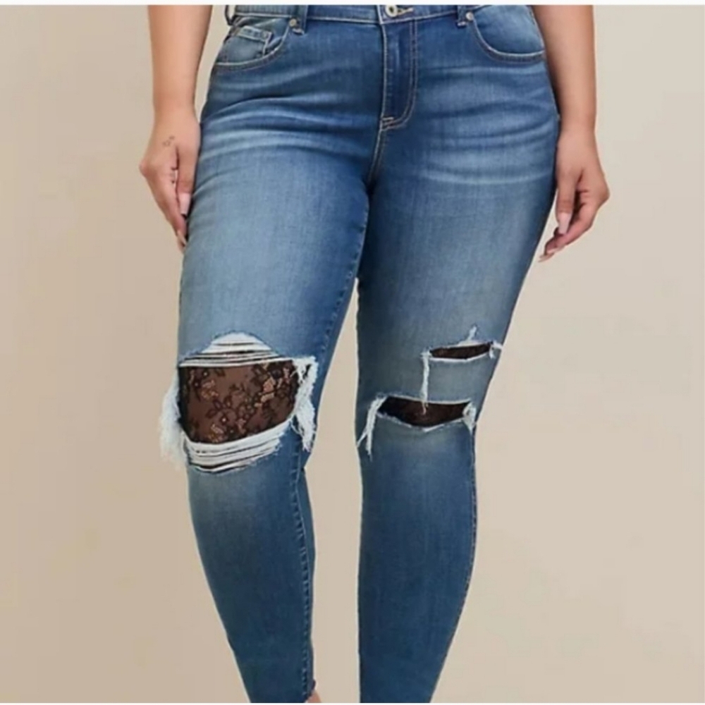 Torrid Blue Distressed Skinny Jeans with Lace